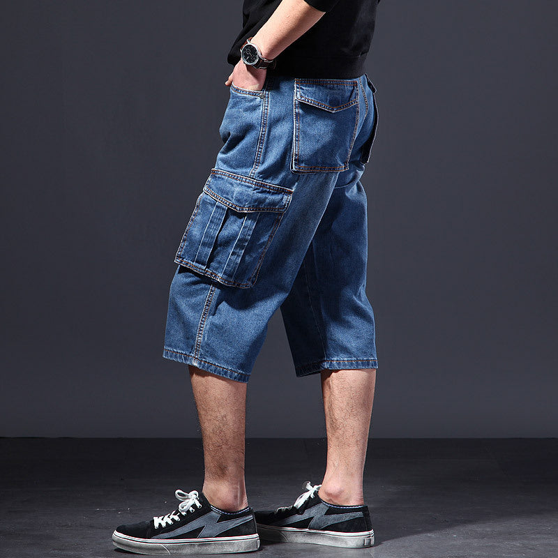 Men's Summer Workwear Jeans - Adult Loose Multi-Pocket Cropped Pants