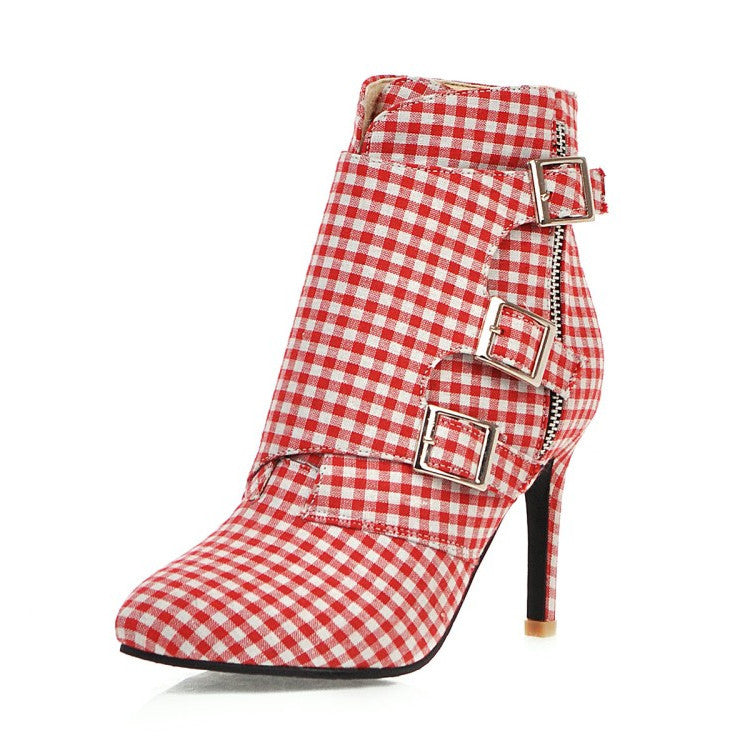 Red and white checkered boot with buckles on a white background