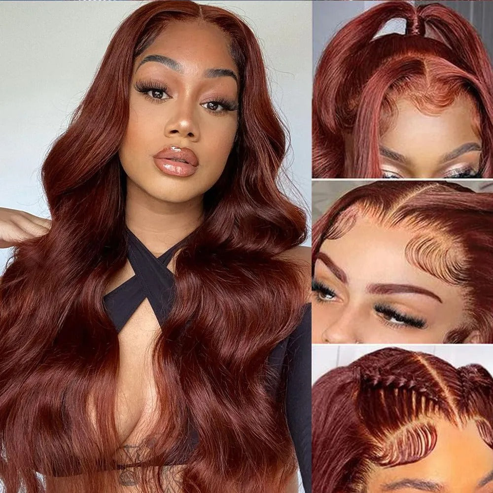 Woman with red hair styled in various ways, including a close-up of the hairline.