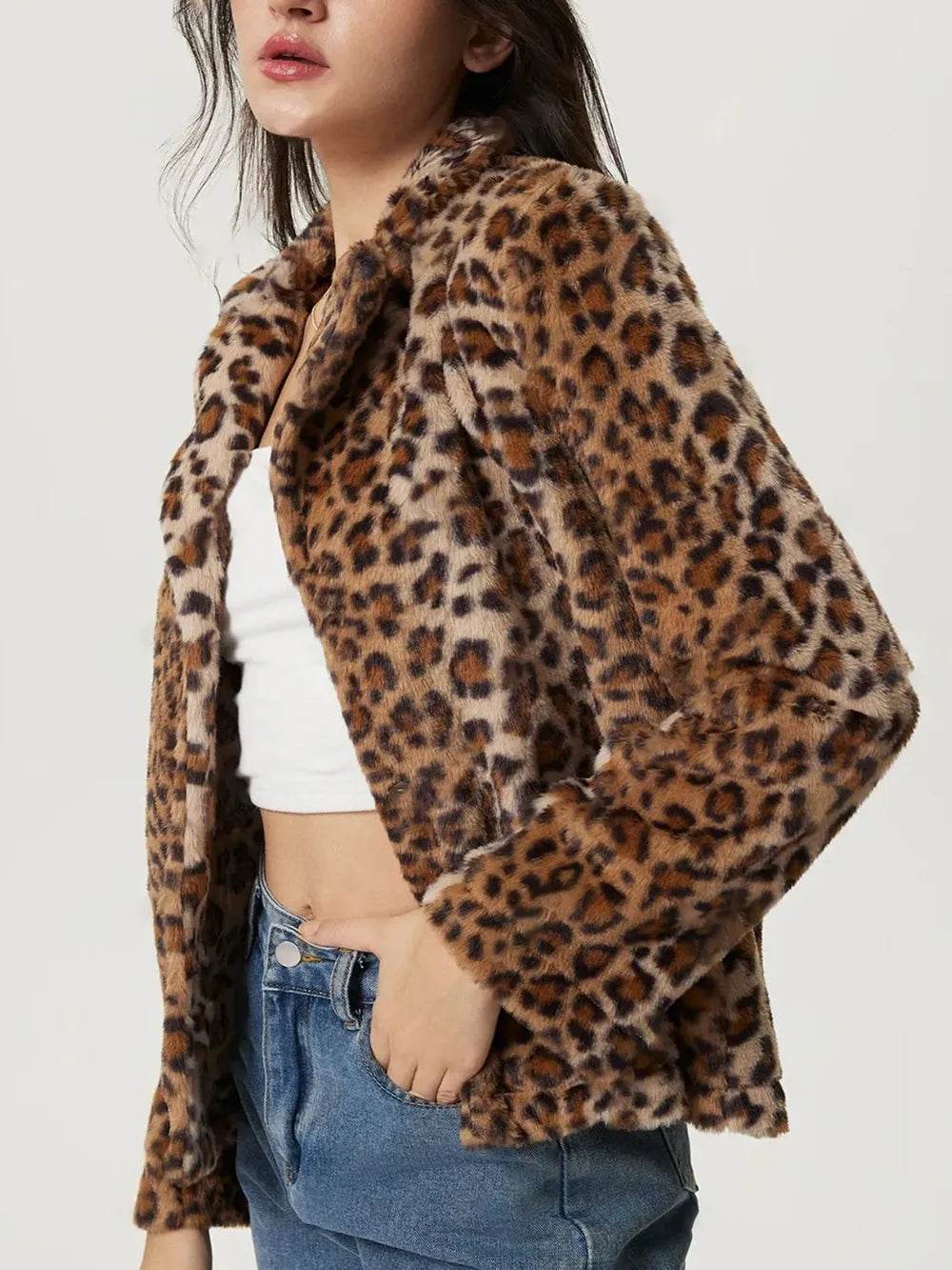 Fuzzy Leopard Collared Neck Jacket - Millivan supplies