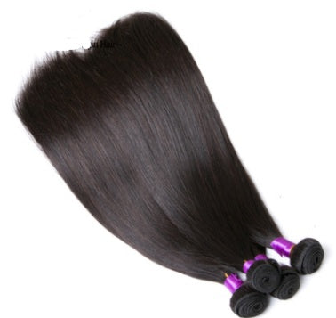 Three bundles of black hair extensions with purple ties on a white background