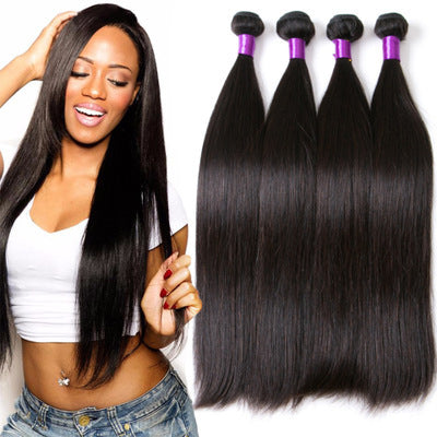 Woman with long straight hair next to hair extensions on a white background