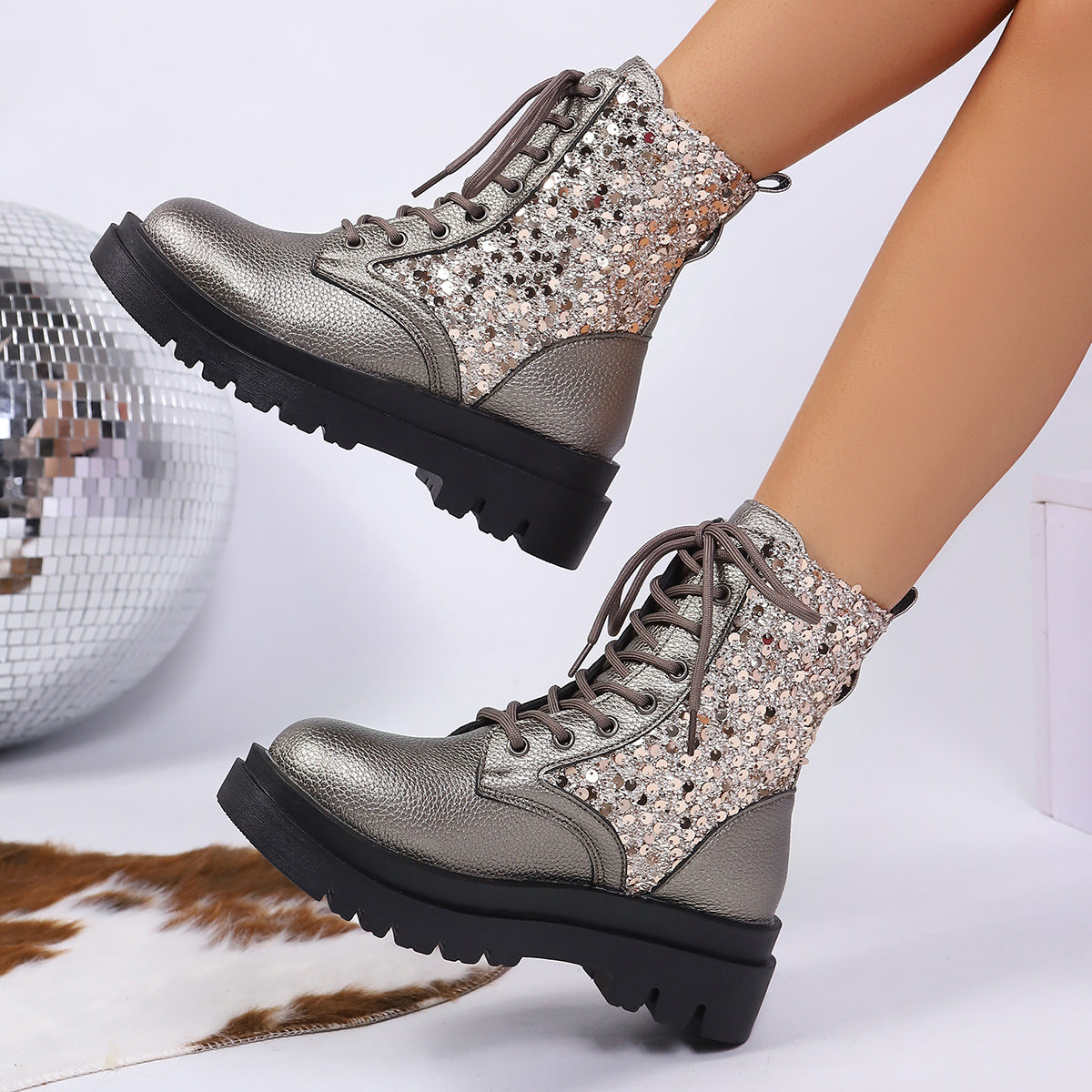 Leather Martin Boots Round Head Thick Bottom - PU Sequin Silver Gun Color Women's Boots Size 36-43