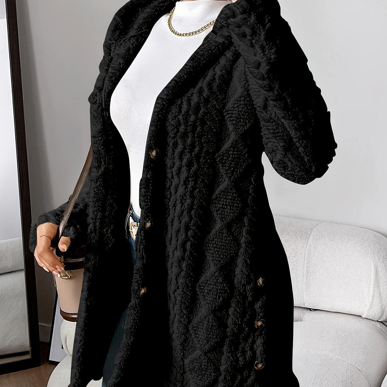 Women's Winter Long Hooded Cardigan Coat - Adult Diamond Plaid Outerwear