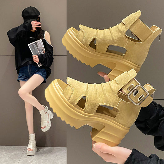 Women's Roman Platform Sandals - Adult Hollow-out Chunky Heel Shoes Khaki