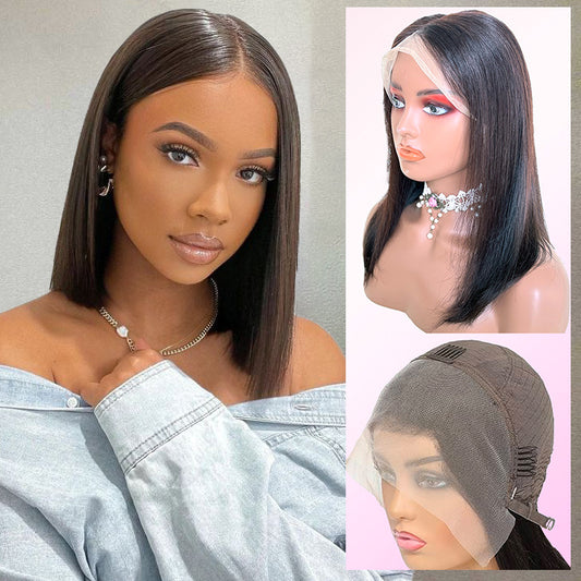 Woman with a wig and close-up views of the wig on a mannequin head.