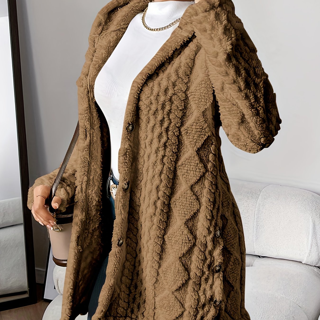 Women's Winter Long Hooded Cardigan Coat - Adult Diamond Plaid Outerwear