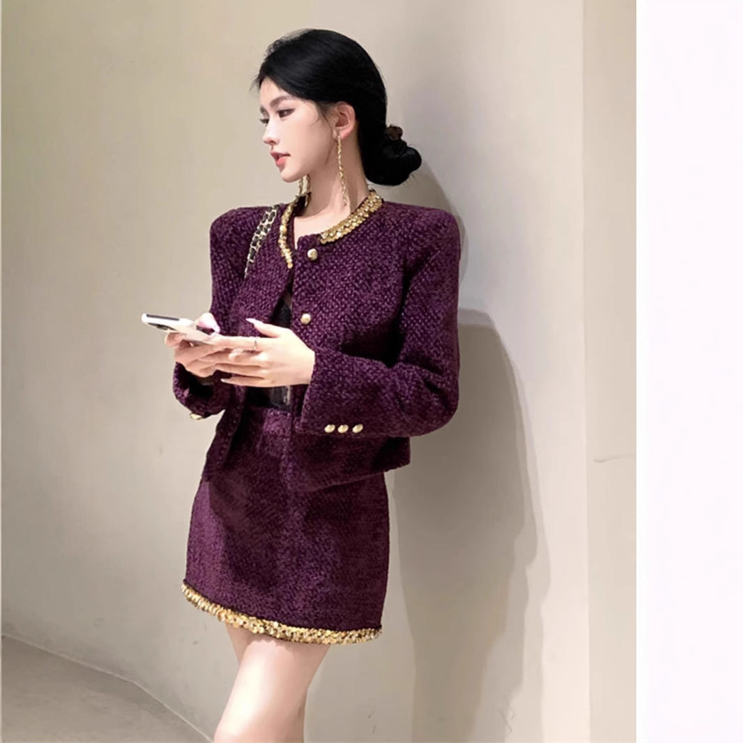 French Rich Lady Black Paillette Woolen Suit