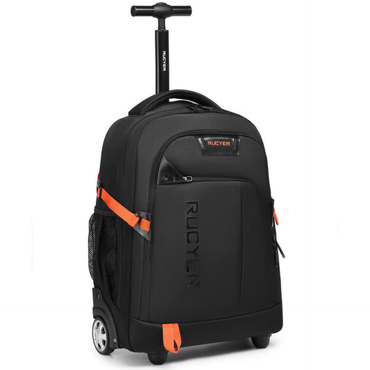Black rolling backpack with orange accents on a white background