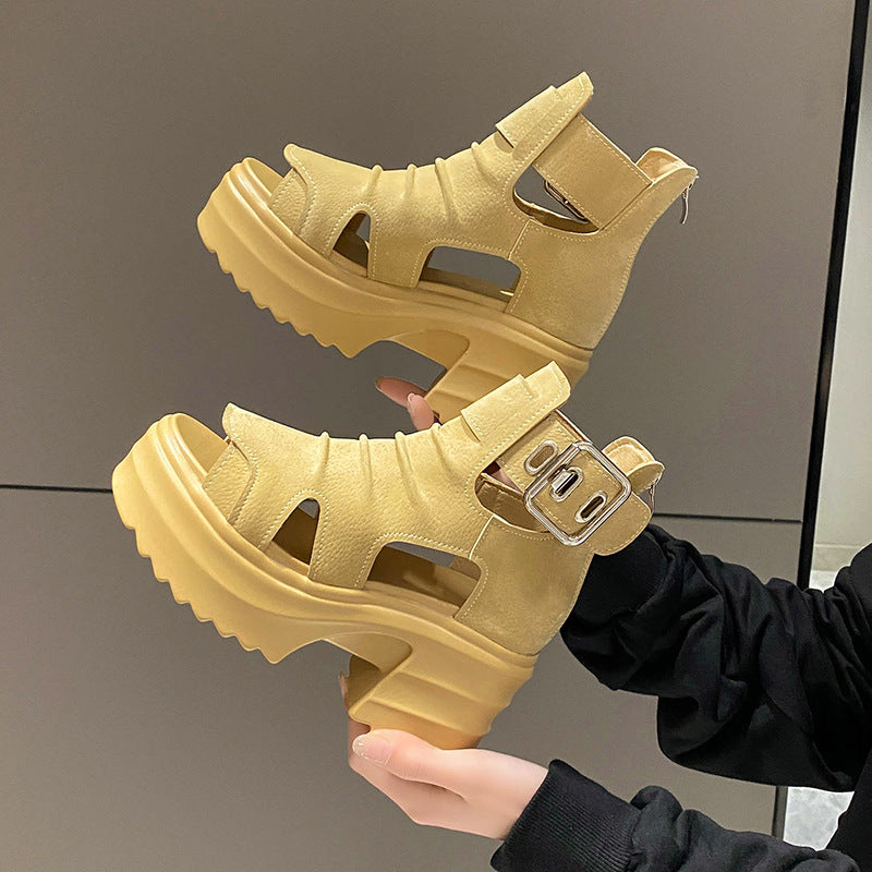 Women's Roman Platform Sandals - Adult Hollow-out Chunky Heel Shoes Khaki
