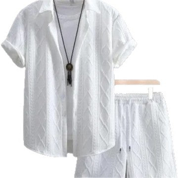 White textured shirt and pants set on a white background