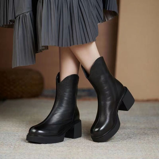 Women's Autumn Winter Thick Heel Real Soft Leather High-Heeled Martin Boots - Adult Footwear