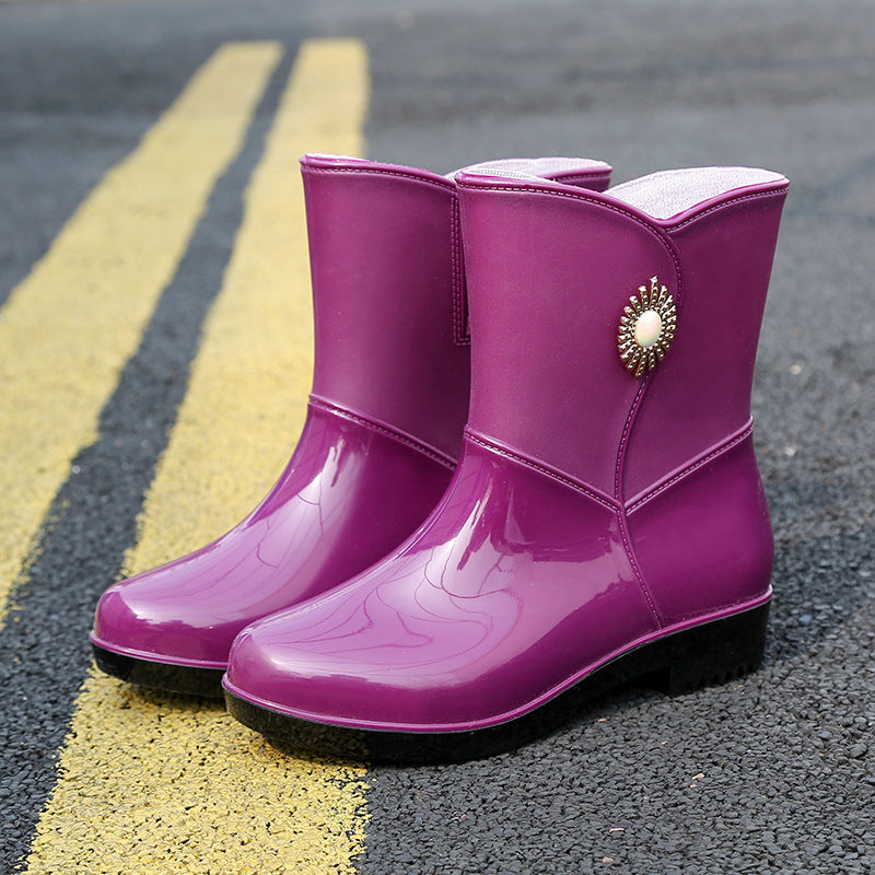 Women's Fashion Rain Boots - Non-Slip Warm Middle Tube Boots