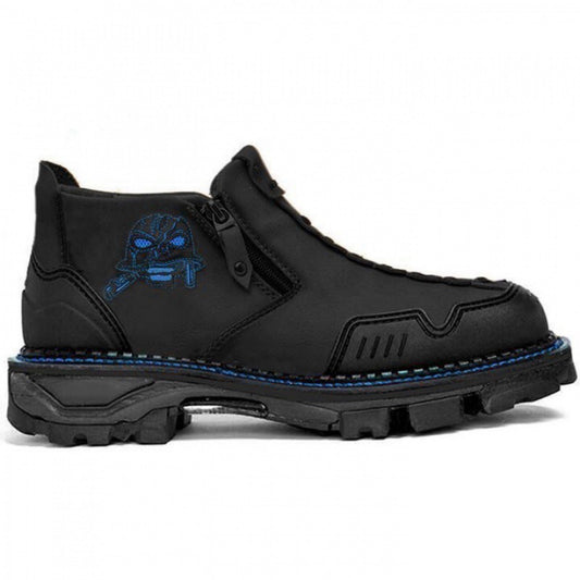 Black boot with blue accents on a white background