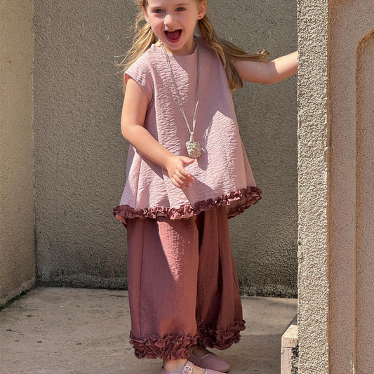 Summer New Girls' Suit Sleeveless Vest Backless Pants Contrast Color Two-piece Set