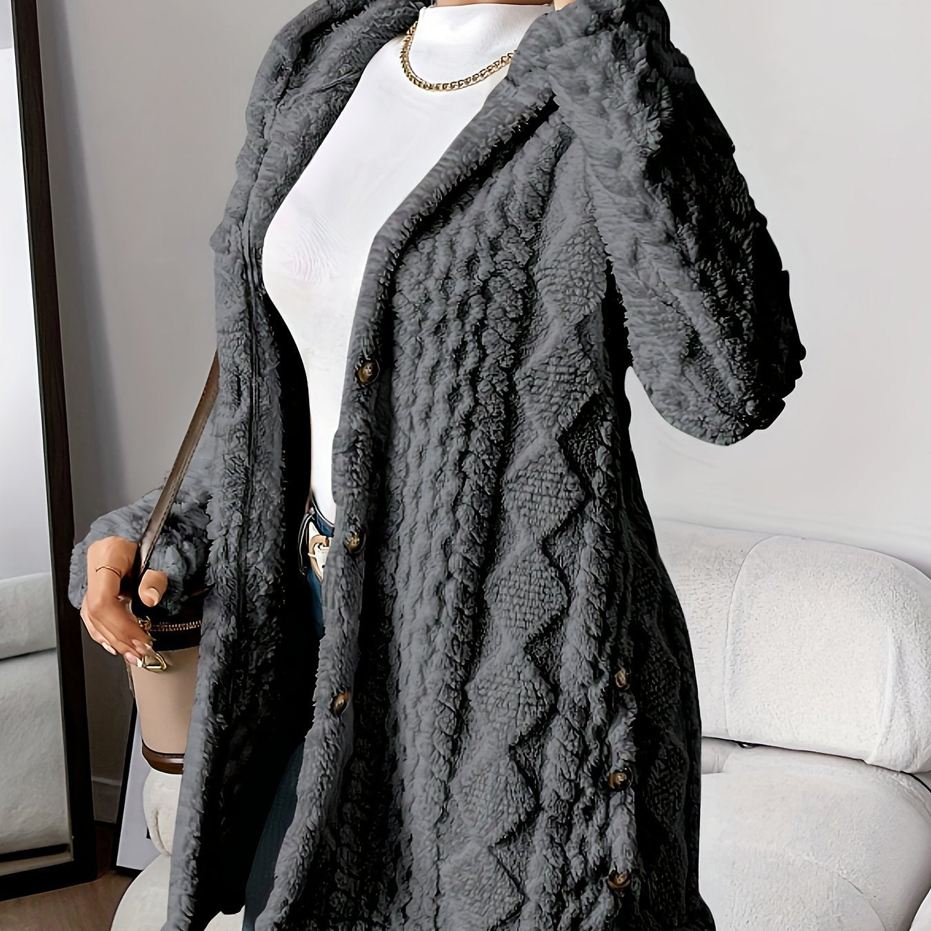 Women's Winter Long Hooded Cardigan Coat - Adult Diamond Plaid Outerwear