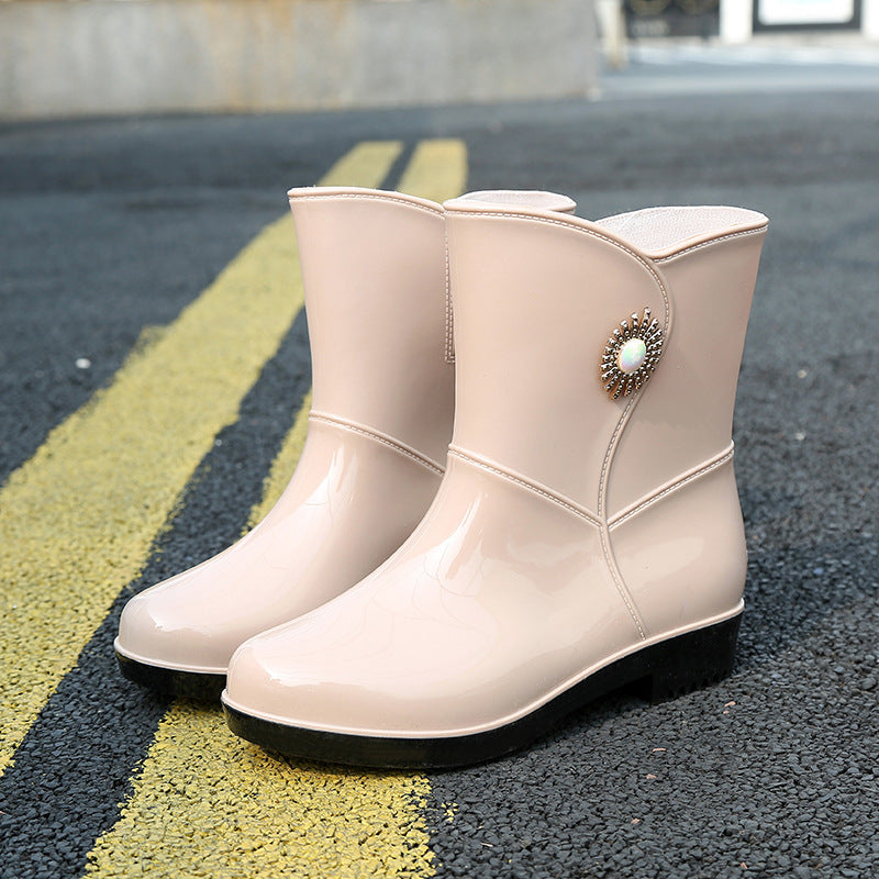 Women's Fashion Rain Boots - Non-Slip Warm Middle Tube Boots