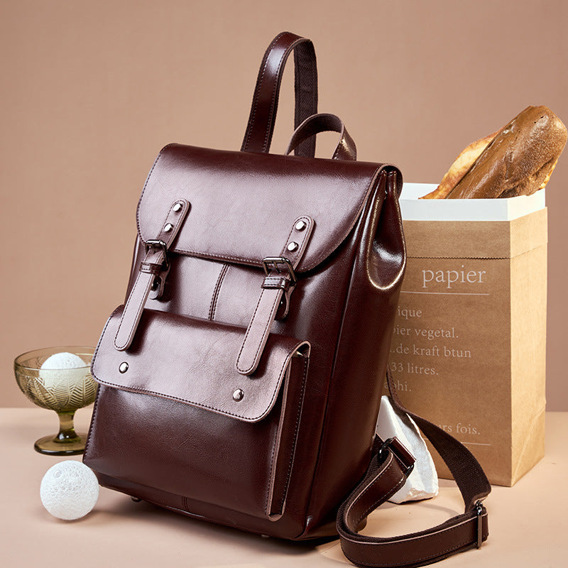 Leather Backpack Women's Wear-resistant Cowhide Computer Backpack