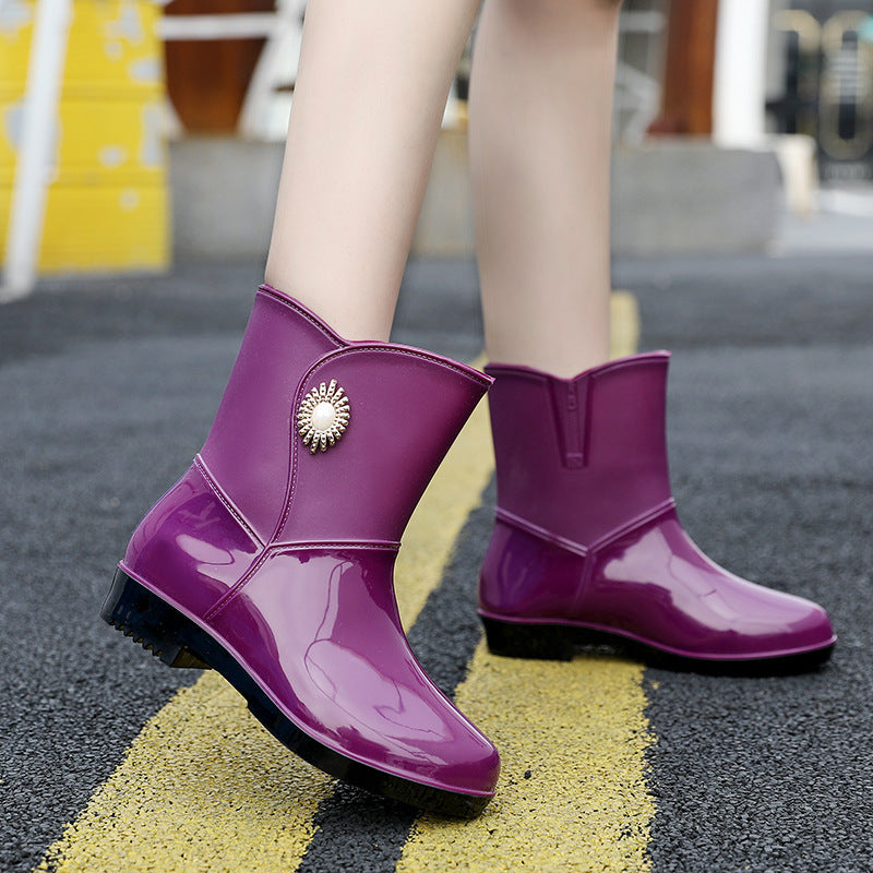 Women's Fashion Rain Boots - Non-Slip Warm Middle Tube Boots