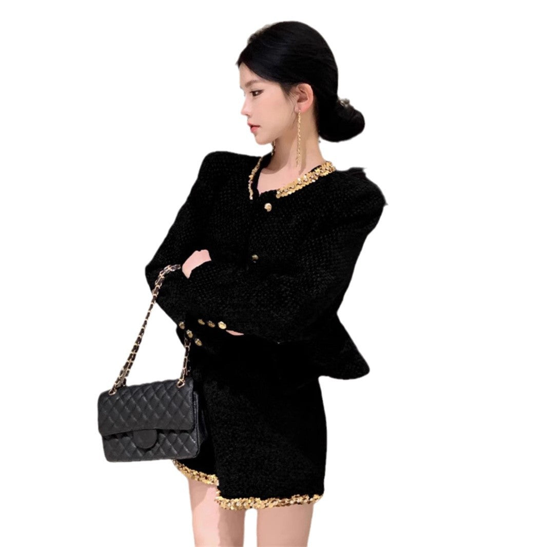 French Rich Lady Black Paillette Woolen Suit