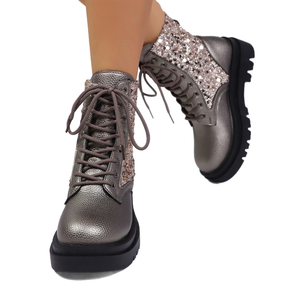 Leather Martin Boots Round Head Thick Bottom - PU Sequin Silver Gun Color Women's Boots Size 36-43
