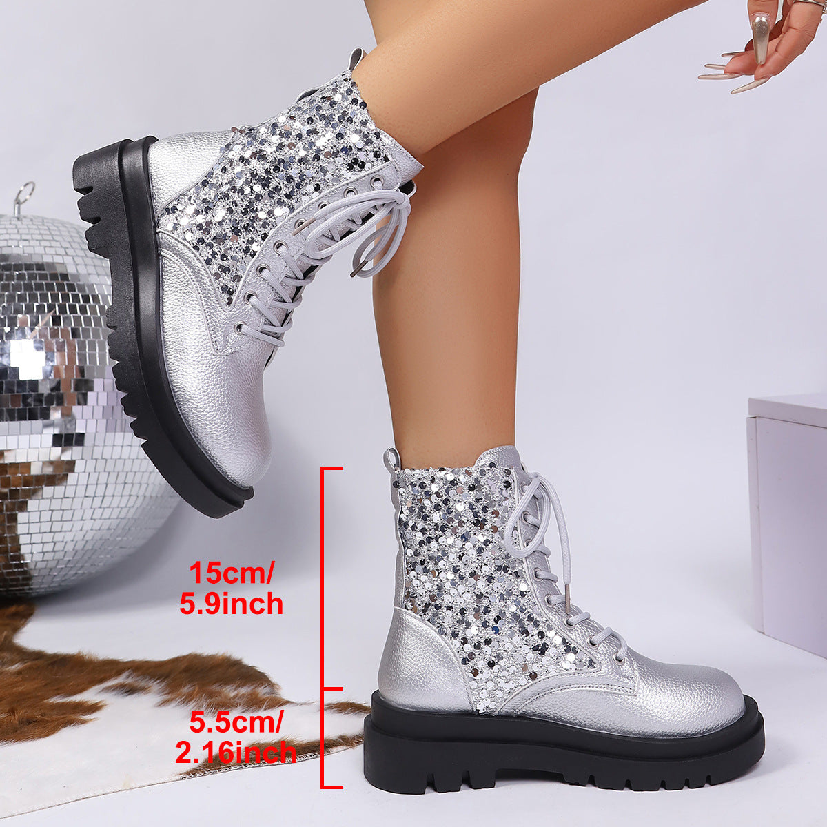 Leather Martin Boots Round Head Thick Bottom - PU Sequin Silver Gun Color Women's Boots Size 36-43