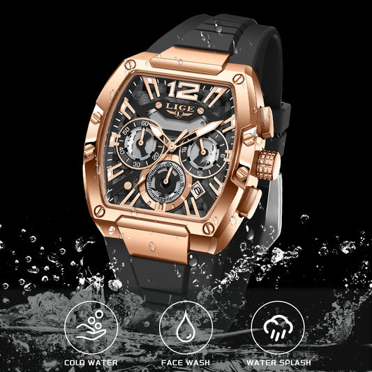 Luxury watch with rose gold case and black strap on a dark background
