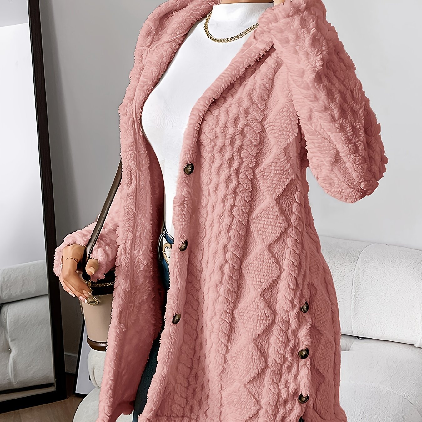 Women's Winter Long Hooded Cardigan Coat - Adult Diamond Plaid Outerwear