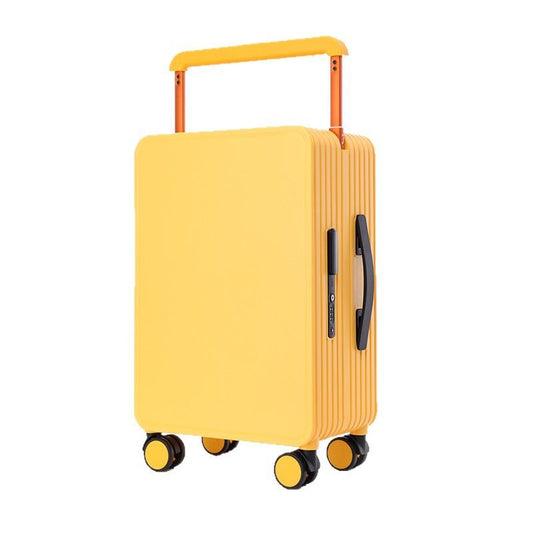 Yellow suitcase with orange handle on a white background