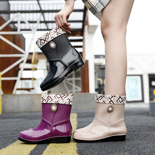 Women's Fashion Rain Boots - Non-Slip Warm Middle Tube Boots