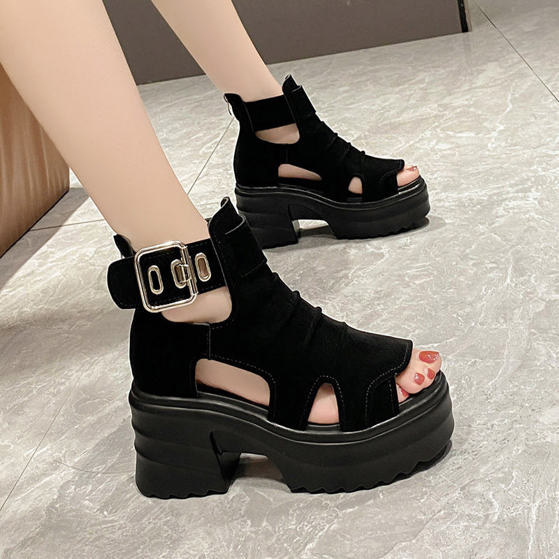 Women's Roman Platform Sandals - Adult Hollow-out Chunky Heel Shoes Khaki