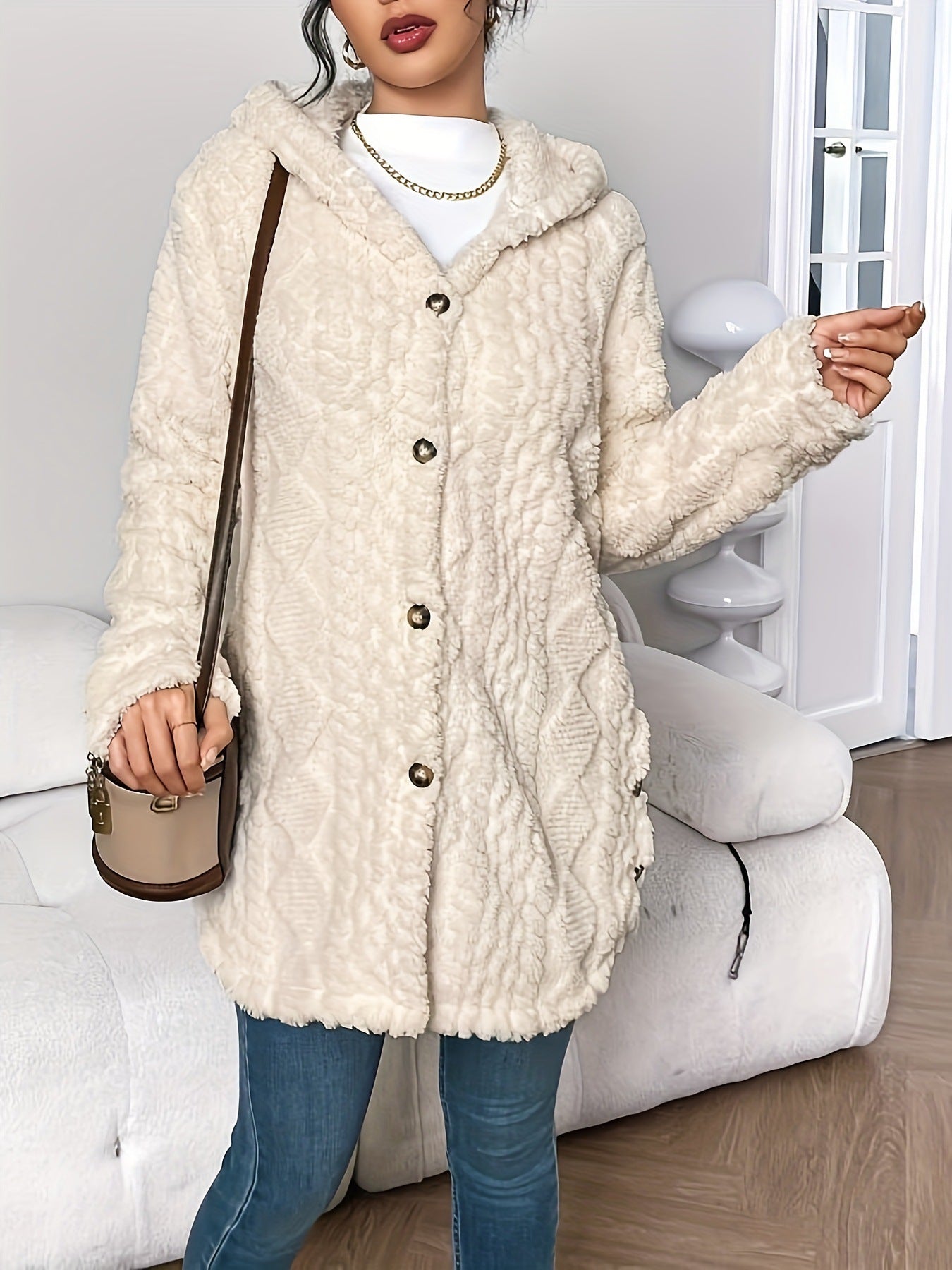 Women's Winter Long Hooded Cardigan Coat - Adult Diamond Plaid Outerwear