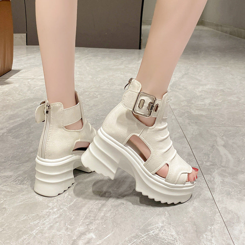 Women's Roman Platform Sandals - Adult Hollow-out Chunky Heel Shoes Khaki