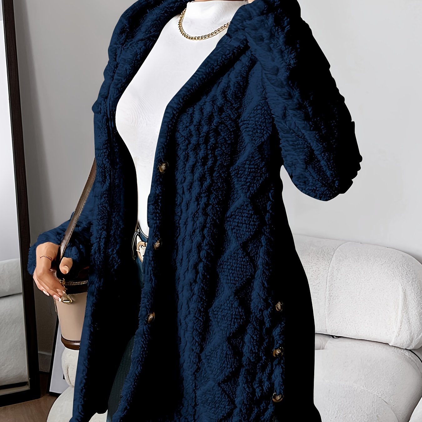 Women's Winter Long Hooded Cardigan Coat - Adult Diamond Plaid Outerwear