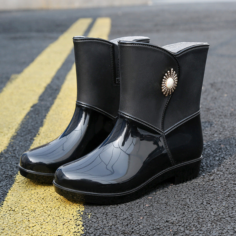 Women's Fashion Rain Boots - Non-Slip Warm Middle Tube Boots