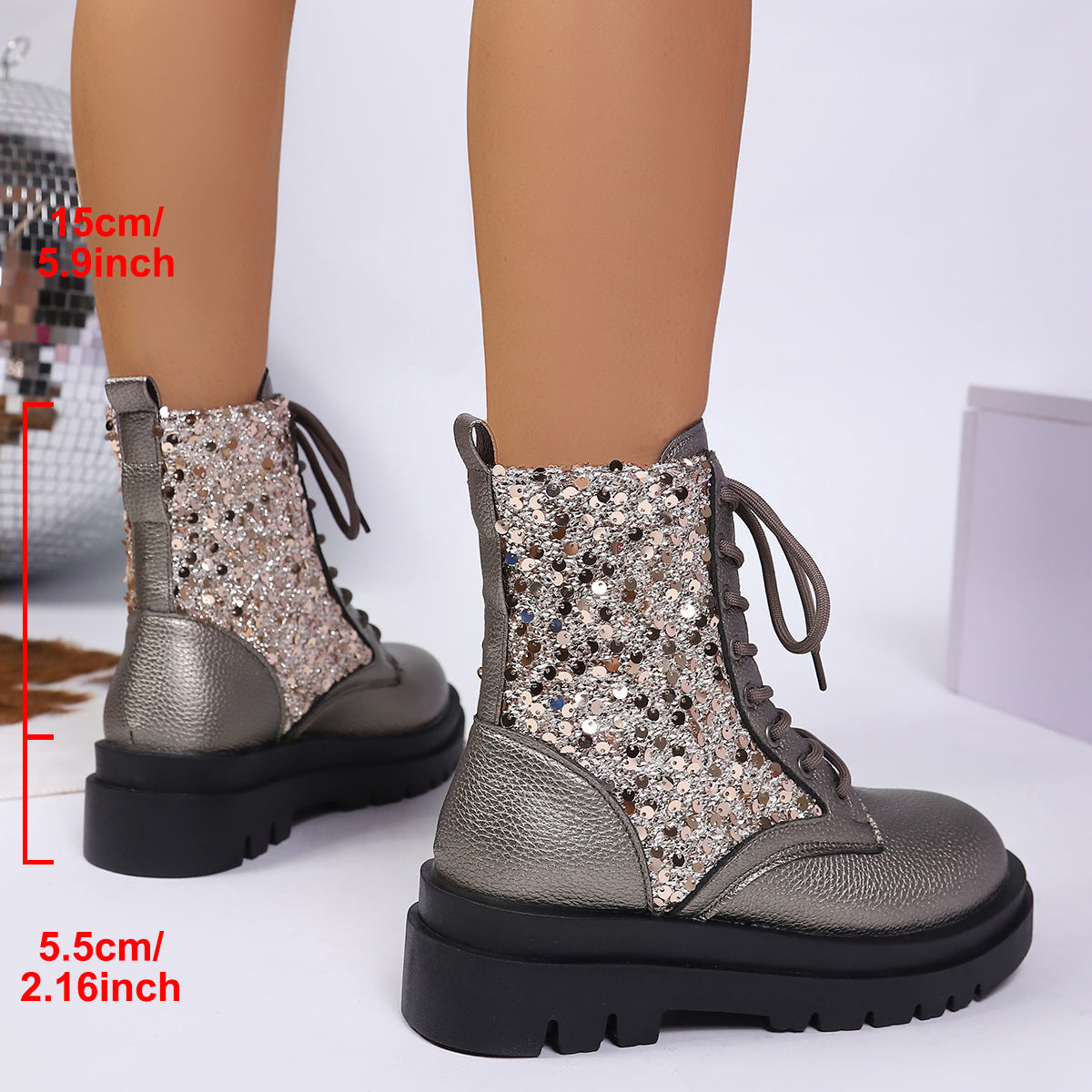 Leather Martin Boots Round Head Thick Bottom - PU Sequin Silver Gun Color Women's Boots Size 36-43