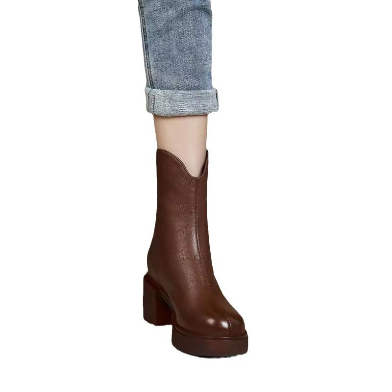 Women's Autumn Winter Thick Heel Real Soft Leather High-Heeled Martin Boots - Adult Footwear
