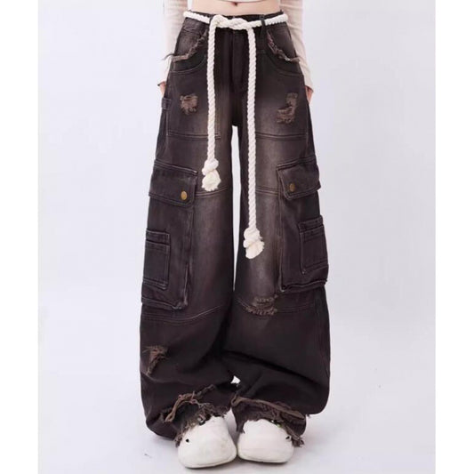 Brown wide-leg jeans with white drawstring on a white background