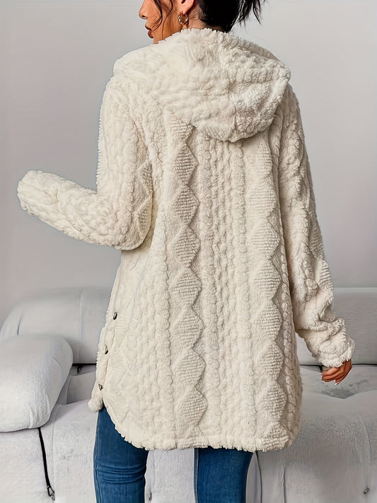 Person wearing a white textured coat with a hood in a minimal indoor setting