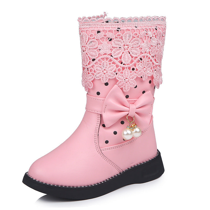Girls' Bowknot Cotton Shoes - Lace & Velvet Design with Pendant
