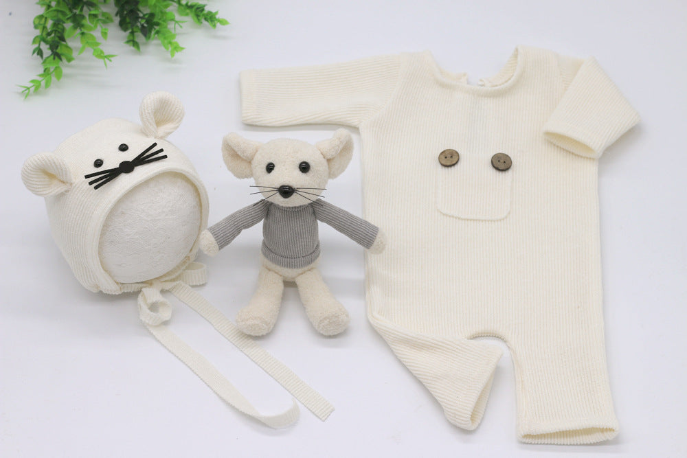 Three-piece Soft Knitted Jumpsuit, Hat, Doll And Mouse