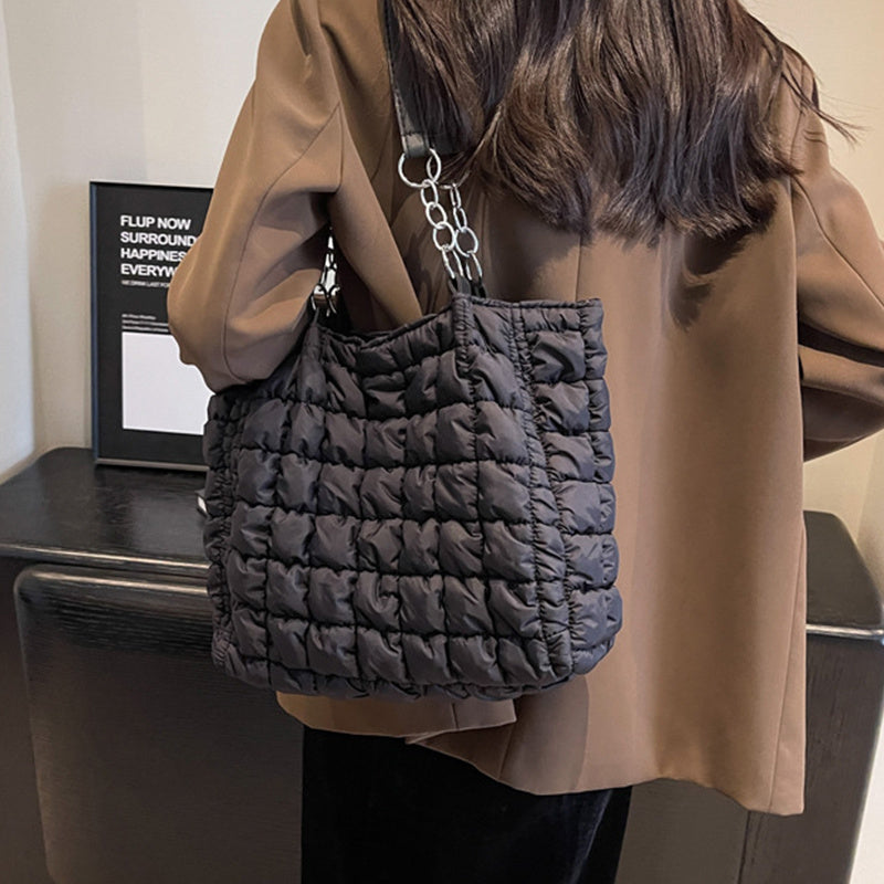 Chain Plaid Down Handbag - Bubble Designer Tote