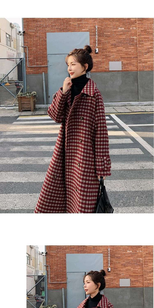 Women's Plaid Wool-Look Loose Long Coat | Black & Red | S–2XL