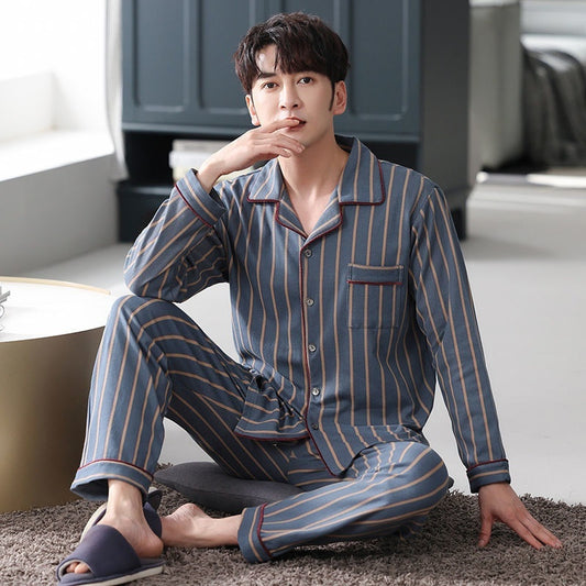 Men's Cotton Pajama Suit - Adult Autumn Winter Long-Sleeve Home Wear