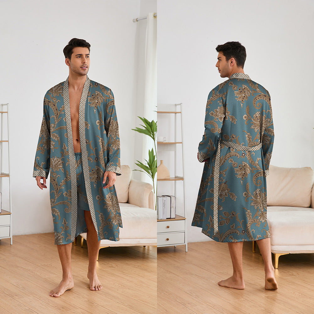 Men's Printed Robes Set - Long Sleeve Top & Shorts Suit