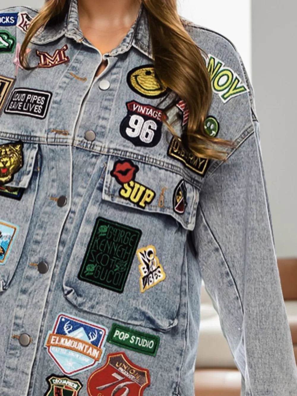 Embroidered Patch Button Up Long Sleeve Denim Jacket - Millivan supplies