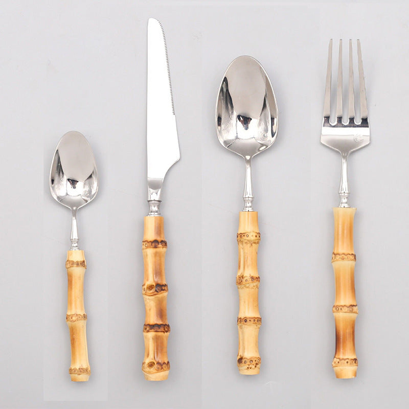 Ins Western Stainless Steel Steak Net Red Ice Cream Spoon Knife And Fork - Bamboo Handle Set