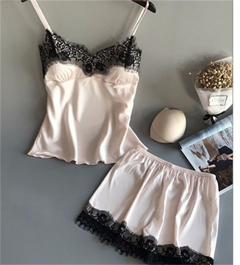 Women's Silk Loungewear Two-Piece Set - Adult Sling Ice Ribbon Chest Pad