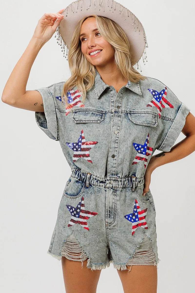 BiBi American Flag Washed Romper - Millivan supplies