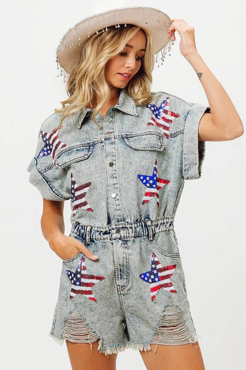 BiBi American Flag Washed Romper - Millivan supplies